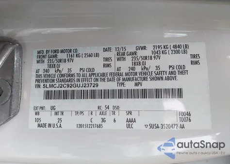 2016 Lincoln Mkc Select z USA, uszkodzony, nr VIN 5LMCJ2C92GUJ23729